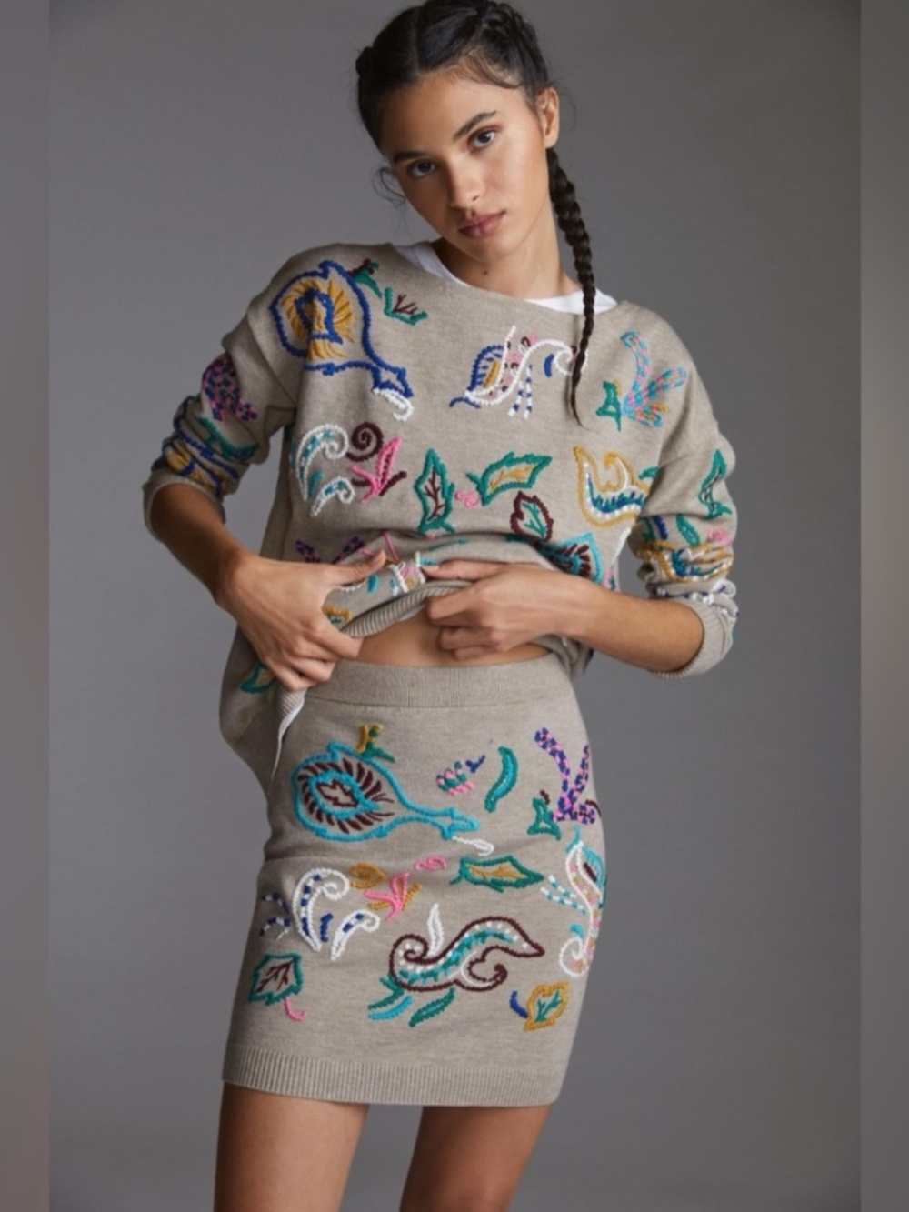 By Anthropologie Neutral Motif Embroidered Pullover Sweater Skirt Set Outfit XS